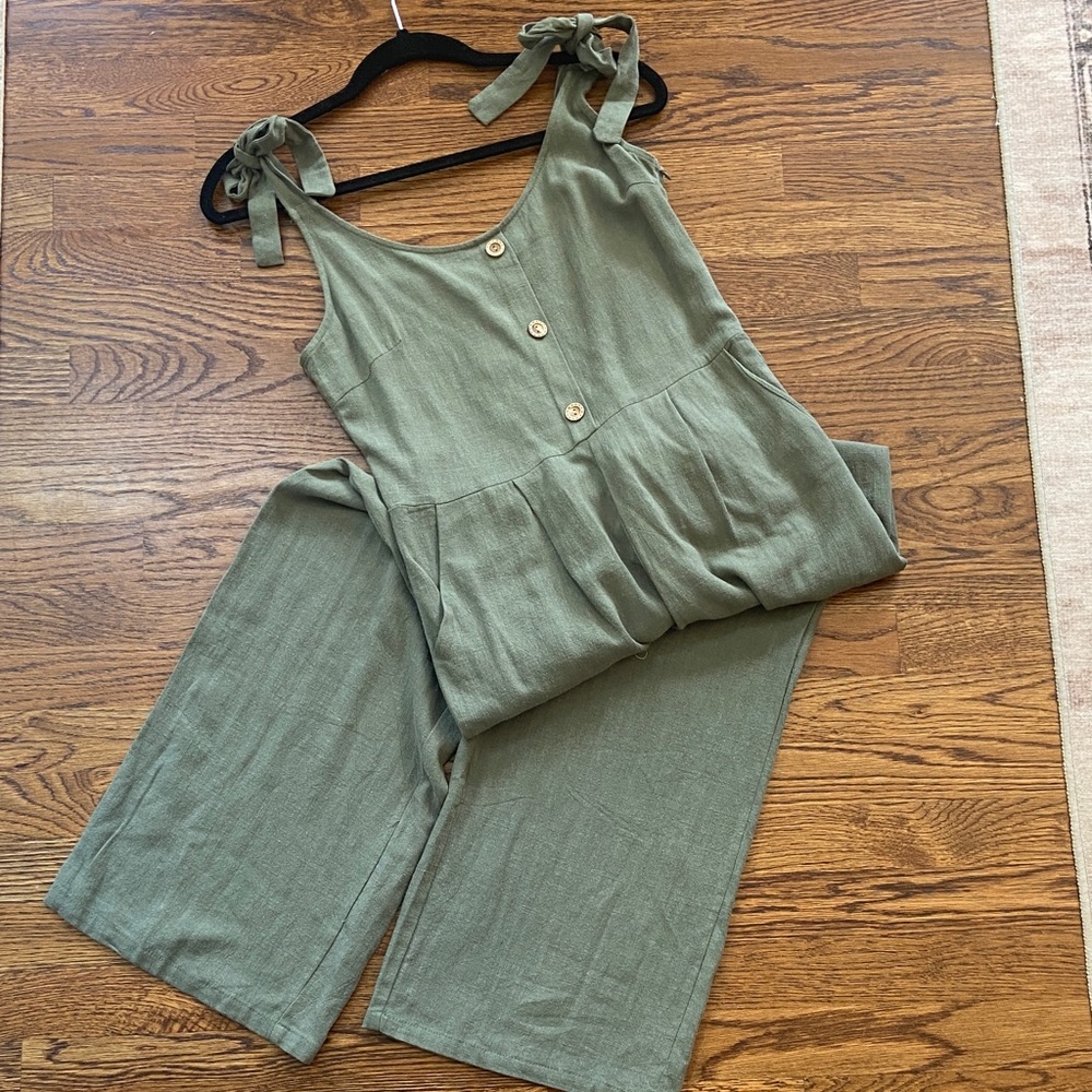 Paper Crane Sleeveless Green Linen Blend Jumpsuit Large Summer Vacation Casual